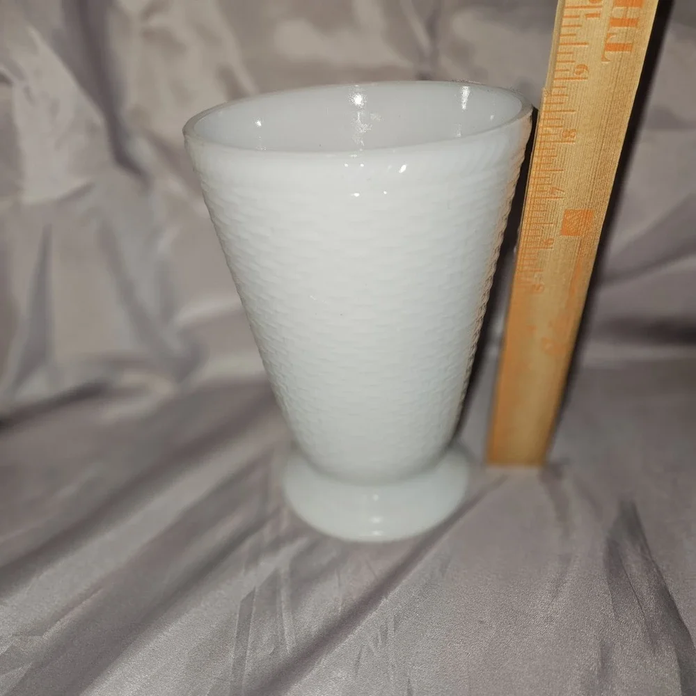 Vintage White Milk Glass Basket Weave Footed Vase 8.5 Inch Tall
